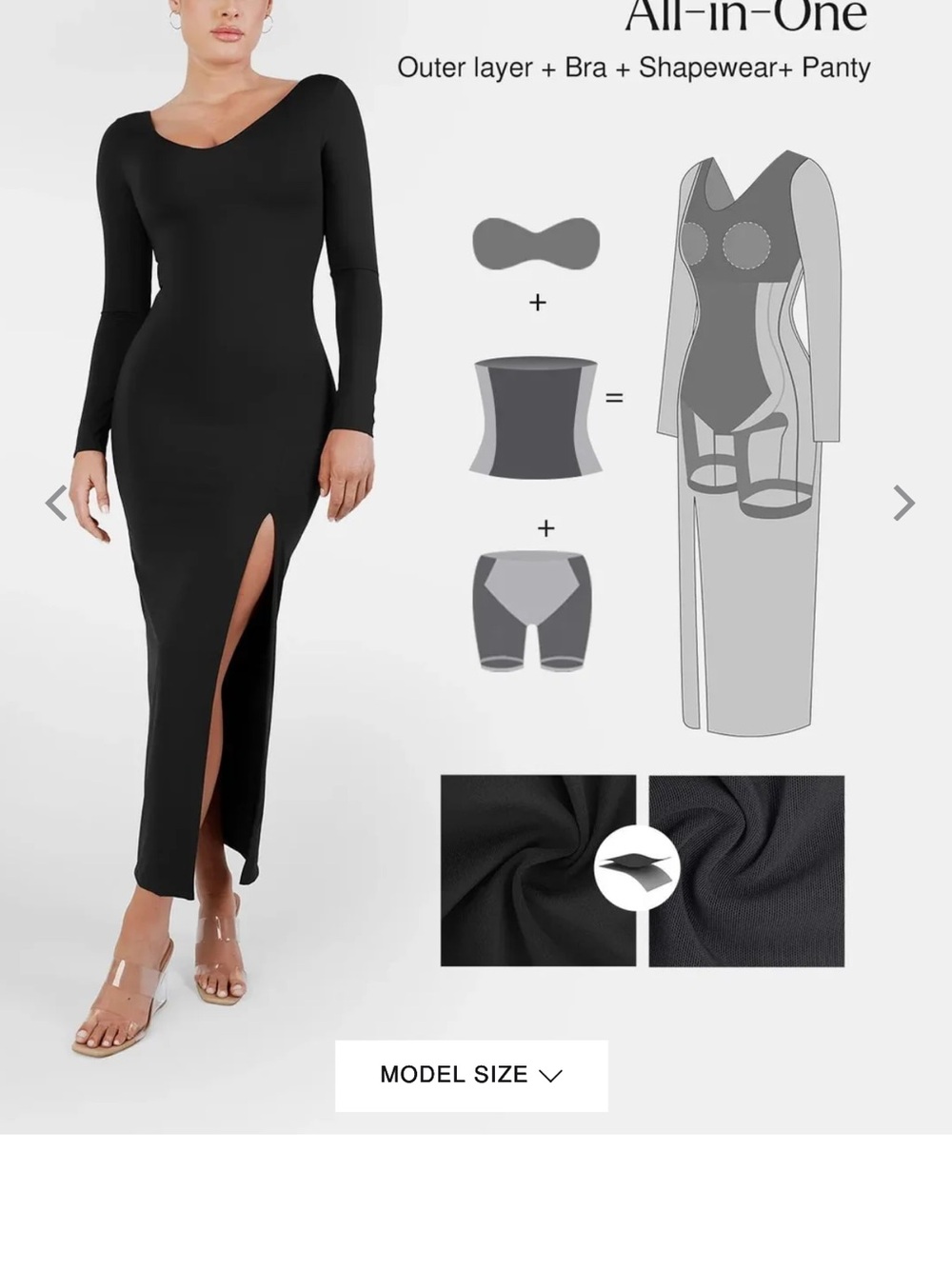 NWT Popilush Shapewear Long Sleeve V-Neck Low Back Slimming Maxi Dress S